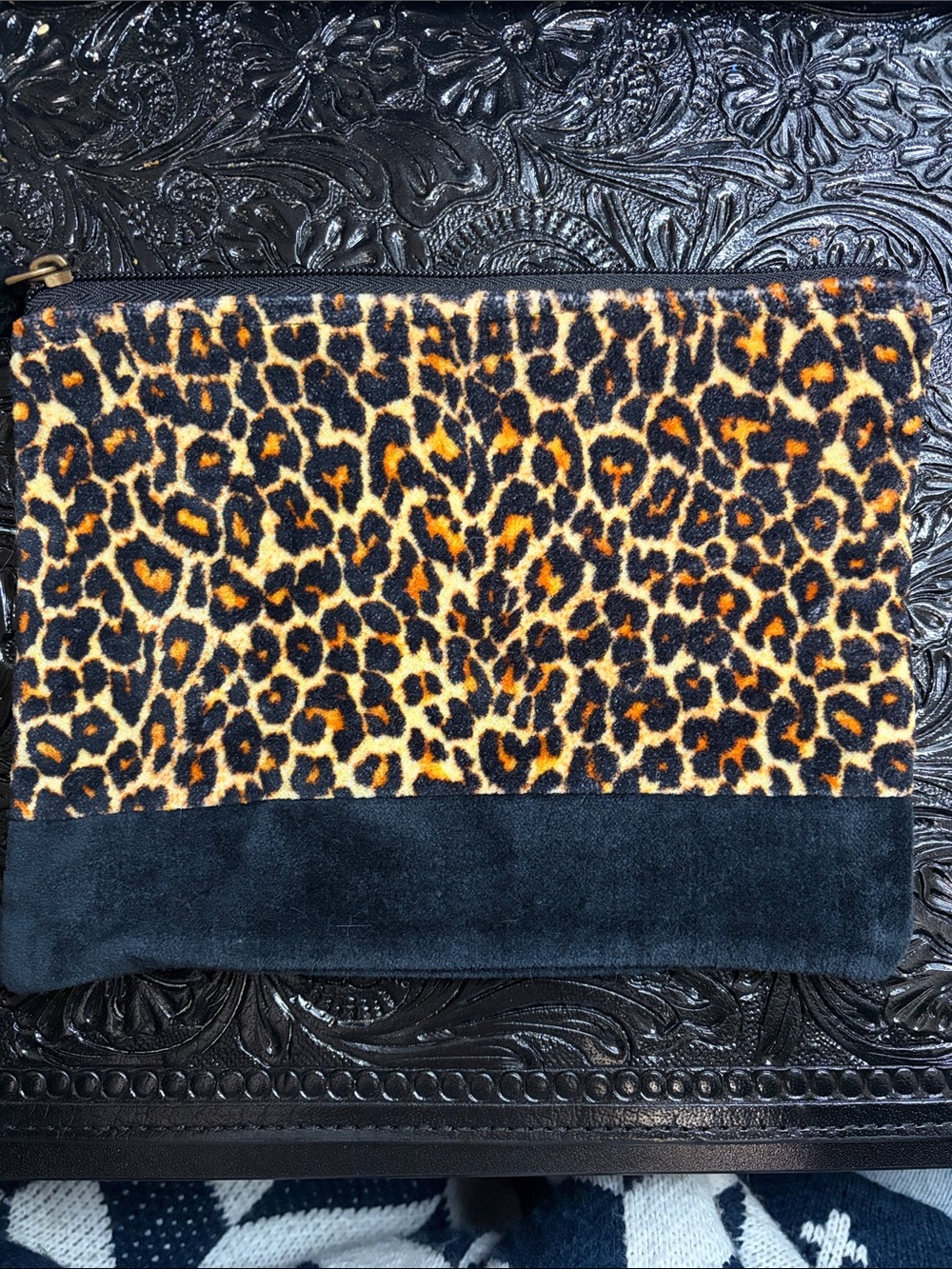 Leopard Print velvet Zip Pouch - Black and Tan